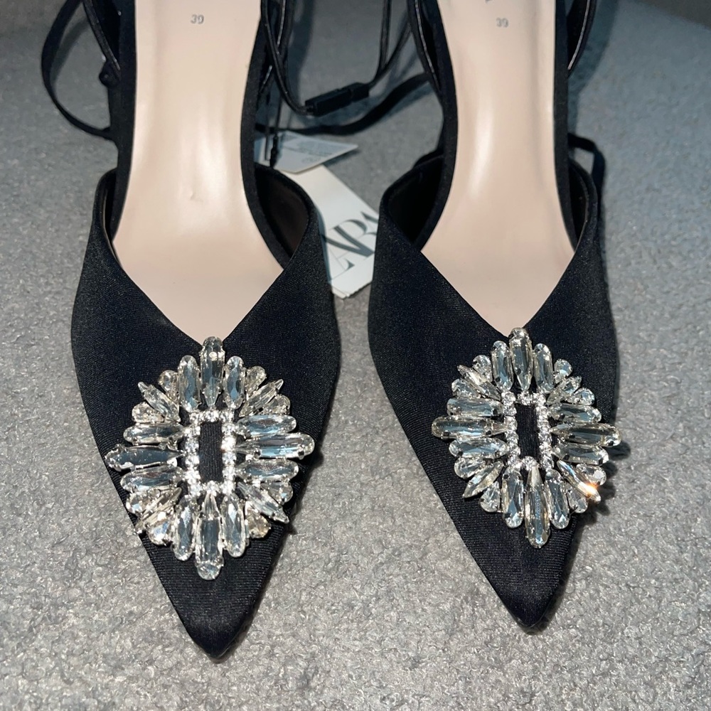 Zara Black Satin Pointed Slingback Heels with Crystal Brooch - Picture 14 of 16
